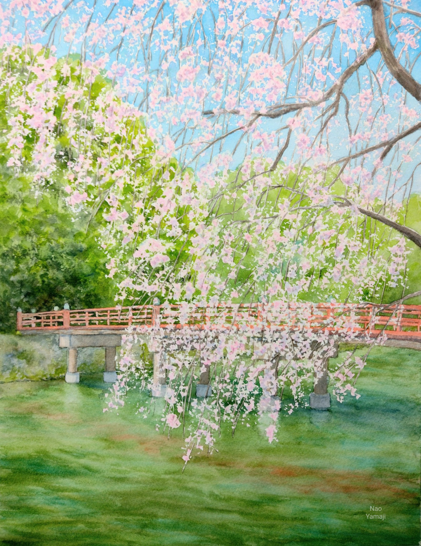 artist_name blue_sky branch cherry_blossoms day highres naoy_watercolor no_humans original painting_(medium) pond scenery shadow signature sky traditional_media tree tree_shade water watercolor_(medium)