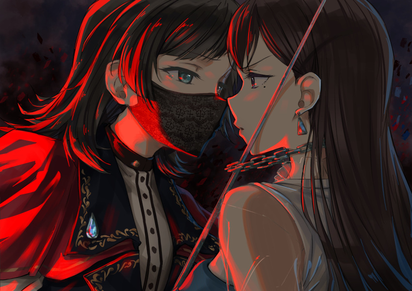 2girls absurdres bang_dream! bang_dream!_it's_mygo!!!!! black_hair black_jacket blue_eyes blue_gemstone brown_hair buttons capelet chain_necklace commentary_request dark_background dress earrings eye_contact gem highres jacket jewelry long_hair looking_at_another mask medium_hair mole mole_under_eye mouth_mask multiple_girls necklace parted_lips raito_taisha red_capelet see-through see-through_sleeves shiina_taki shirt sidelighting sword upper_body violet_eyes weapon white_shirt yahata_umiri