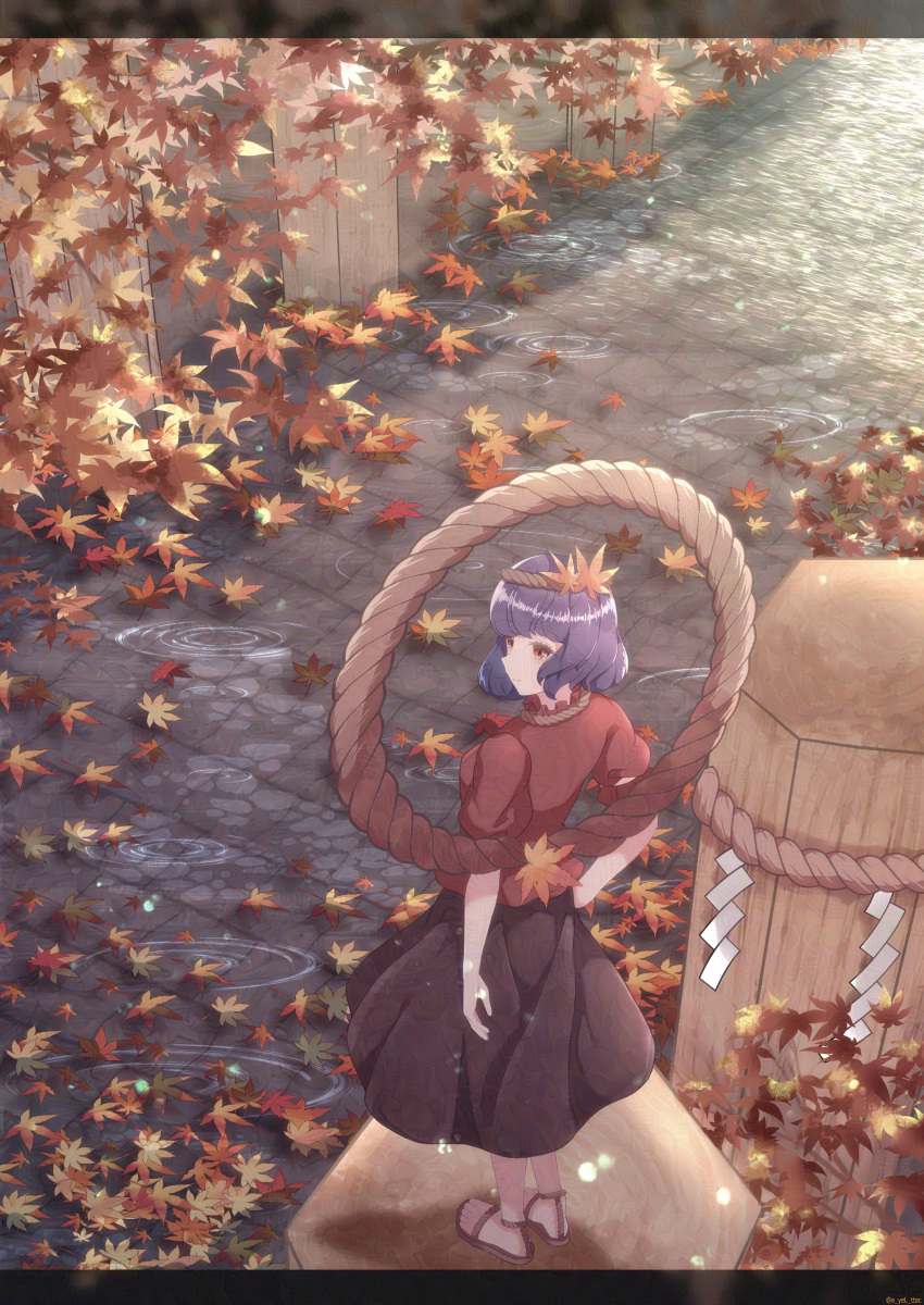 1girl absurdres autumn_leaves black_skirt cattleya_(a_yel_ttac) commentary_request frog_hair_ornament hair_ornament highres leaf_hair_ornament long_skirt onbashira puffy_short_sleeves puffy_sleeves purple_hair red_eyes red_shirt rope sandals shimenawa shirt short_hair short_sleeves skirt solo touhou yasaka_kanako