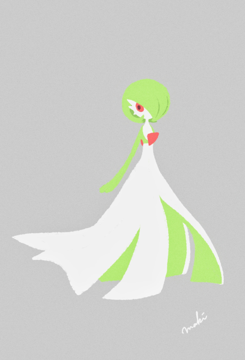 1girl arm_behind_back artist_name bob_cut colored_skin commentary flat_chest flat_color full_body gardevoir green_hair green_skin grey_background hair_over_one_eye highres looking_to_the_side multicolored_skin no_lineart one_eye_covered pokemon pokemon_(creature) red_eyes short_hair signature simple_background solo standing tsumikirin two-tone_skin white_skin