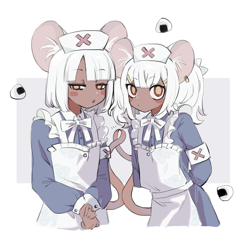 2girls absurdres animal_ears apron armband blush_stickers daikokuten_(fate) dark-skinned_female dark_skin fate/grand_order fate_(series) food highres kaigan0211 mouse_ears mouse_tail multiple_girls onigiri red_eyes tail white_apron white_hair yellow_pupils