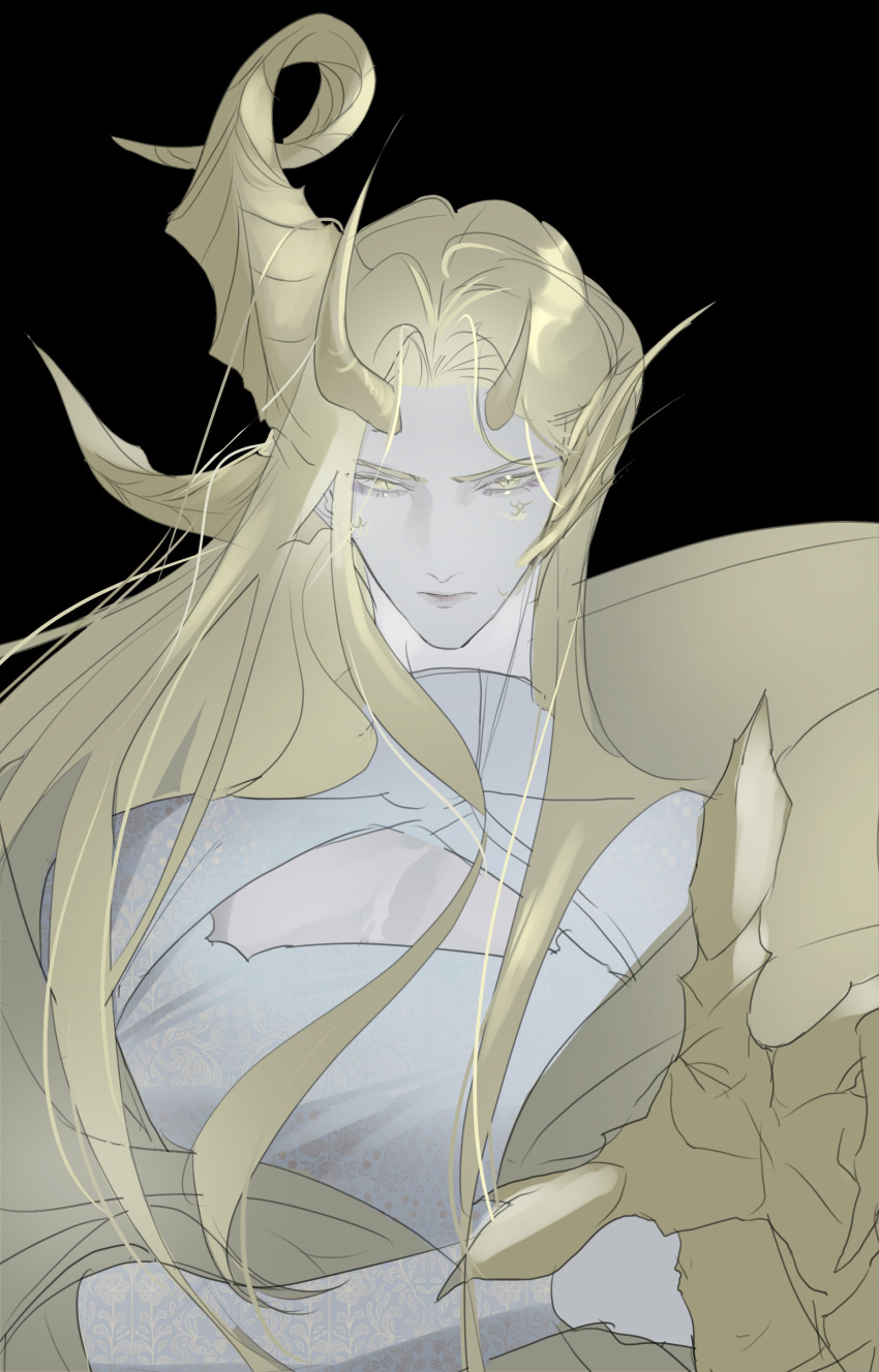 030lala 1boy absurdres blonde_hair colored_eyelashes dragon_boy eruhaben highres long_hair long_sleeves looking_at_viewer lout_of_count's_family male_focus pointy_ears solo upper_body yellow_eyes