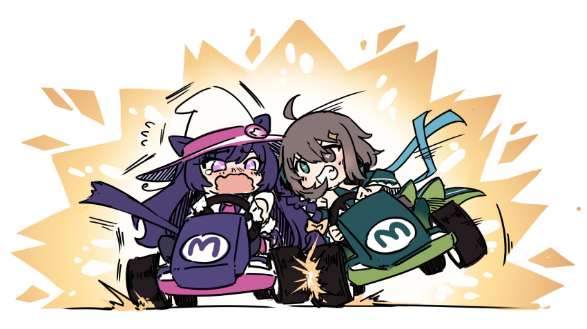 2girls ahoge animal_ears blush braid brown_eyes brown_hair chibi commentary_request commission crash cross-shaped_pupils detached_sleeves dress driving evil_grin evil_smile go-kart green_dress green_eyes green_necktie grin hat heterochromia highres indie_virtual_youtuber jacket long_hair mai_noboshi medium_hair meica_(vtuber) mismatched_pupils motion_lines multiple_girls necktie pink_necktie purple_hair racing scared second-party_source sesield single_braid smile spanish_commentary sprout-shaped_pupils suit_jacket symbol-shaped_pupils tearing_up violet_eyes virtual_youtuber white_background white_jacket witch witch_hat