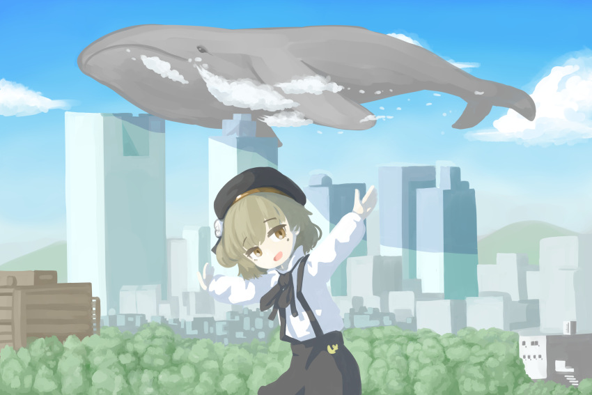 1girl absurdres animal arms_up beret black_headwear black_ribbon black_skirt blue_sky brown_eyes brown_hair building city cityscape clouds commentary_request flower flying_whale foliage hair_flower hair_ornament hair_ribbon hat hatoba_tsugu highres leaning_forward looking_at_viewer medium_hair mole mole_under_eye neck_ribbon open_mouth outdoors outstretched_arms raised_eyebrows ribbon shirt skirt sky skyscraper smile solo spread_arms suspender_skirt suspenders testest tsugu_(vtuber) virtual_youtuber whale white_flower white_shirt
