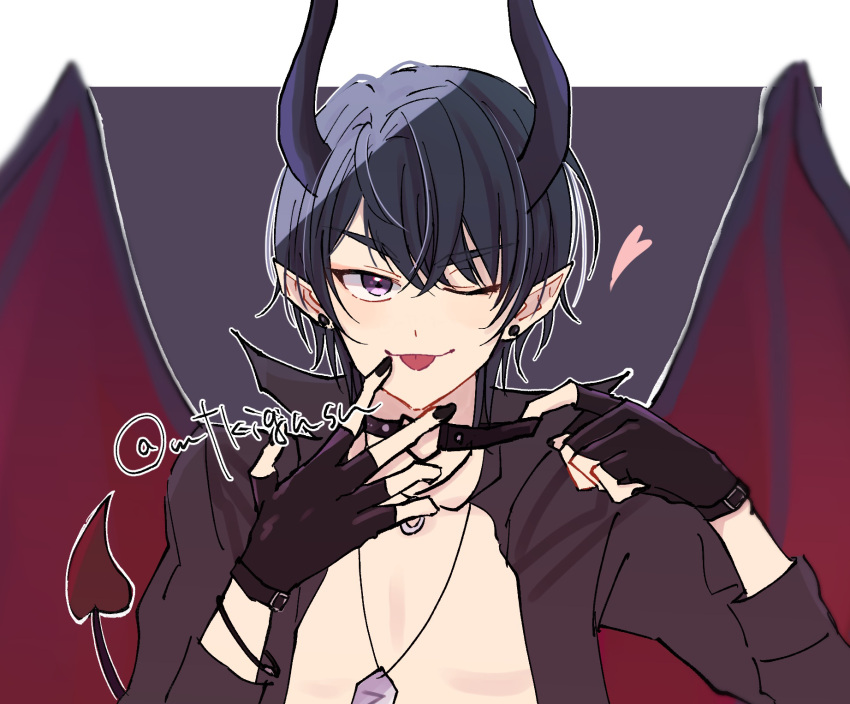 1boy ;p black_gloves black_hair black_nails black_shirt closed_mouth collared_shirt demon_boy demon_horns demon_tail demon_wings dress_shirt earrings fingerless_gloves gloves grey_background hair_between_eyes hands_up heart highres horns jewelry long_sleeves looking_at_viewer male_focus marius_von_hagen_(tears_of_themis) mtkignsn nail_polish one_eye_closed open_clothes open_shirt pointy_ears red_wings shirt smile solo stud_earrings tail tears_of_themis thick_eyebrows tongue tongue_out twitter_username two-tone_background violet_eyes white_background wings