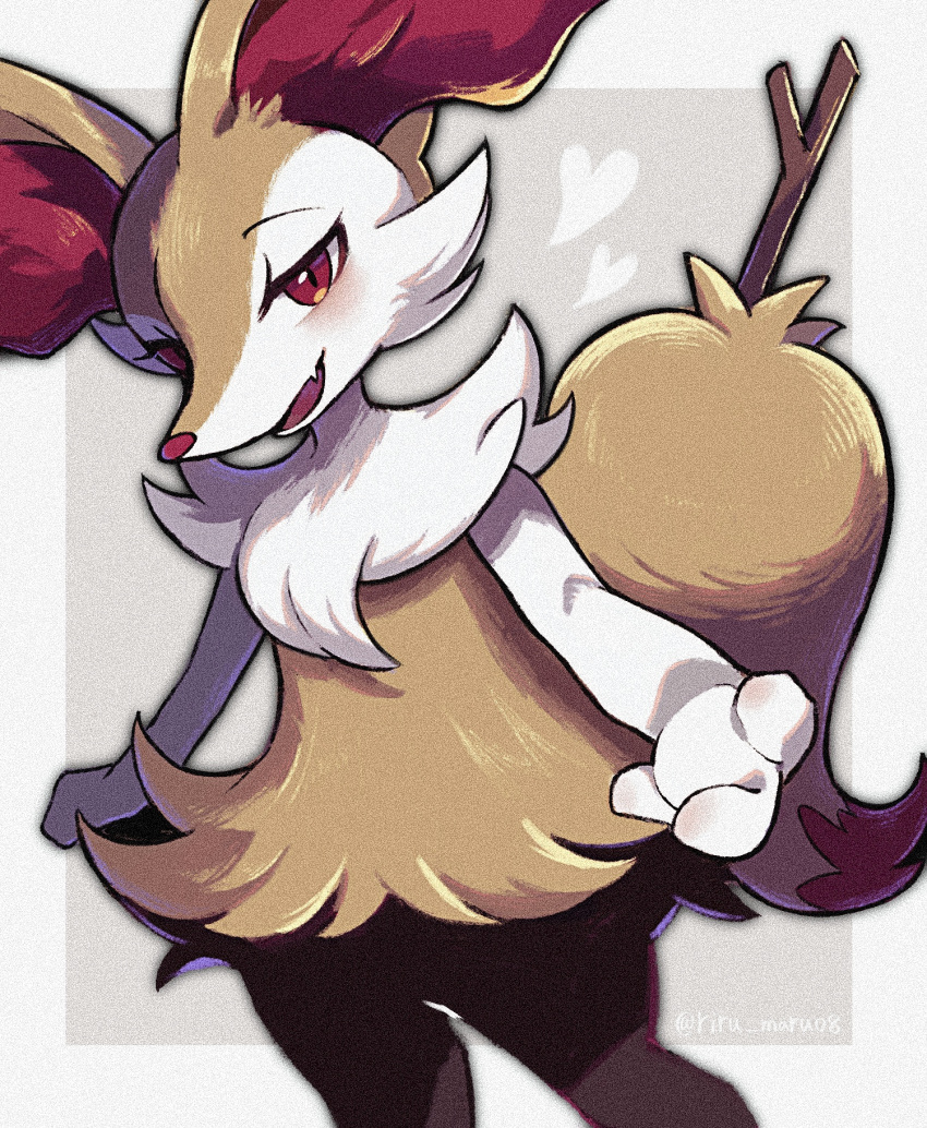 1girl animal_ear_fluff animal_ears animal_nose artist_name black_fur body_fur border braixen commentary dutch_angle fang flat_chest fox_ears fox_girl fox_tail furry furry_female grey_background half-closed_eyes happy heart highres looking_at_viewer multicolored_fur neck_fur open_mouth outside_border pokemon pokemon_(creature) reaching reaching_towards_viewer red_eyes riru_maru08 signature simple_background skin_fang smile snout solo stick tail twitter_username white_border white_fur yellow_fur