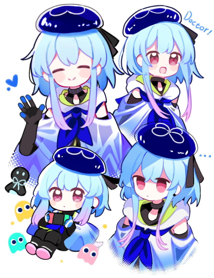 ... 1boy absurdres akaruku arknights beret black_gloves black_pants blue_gloves blue_hair blue_headwear blue_hoodie blue_neckerchief blush_stickers bright_pupils chibi closed_eyes closed_mouth clothing_cutout clyde_(pac-man) commentary cropped_torso empty_eyes english_commentary english_text full_body gloves gradient_hair handheld_game_console happy hat heart highres holding holding_handheld_game_console hood hoodie inky_(pac-man) light_blue_hair looking_at_viewer male_focus mizuki_(arknights) multicolored_hair multiple_views neckerchief nintendo_switch open_mouth pac-man_(game) pants pink_eyes pinky_(pac-man) purple_hair short_hair short_hair_with_long_locks shoulder_cutout simple_background smile waving white_background white_pupils