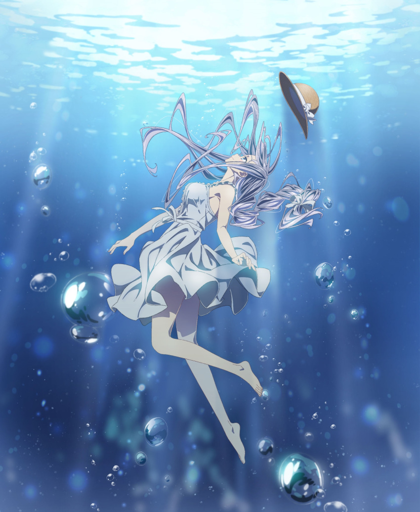 barefoot blue_eyes blue_hair bubble date_a_live dress hat highres long_hair non-web_source smile solo straw_hat takamiya_mio underwater water
