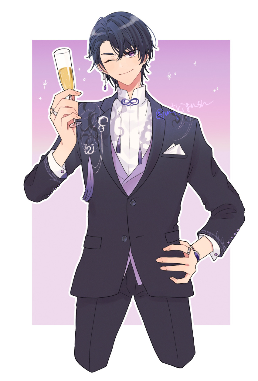 1boy ;) alcohol black_hair black_jacket black_pants champagne champagne_flute closed_mouth cropped_legs cup drinking_glass earrings hair_between_eyes hand_on_own_hip highres holding holding_cup jacket jewelry male_focus marius_von_hagen_(tears_of_themis) mtkignsn one_eye_closed pants pink_background pink_vest ring shirt smile solo suit tears_of_themis thick_eyebrows twitter_username two-tone_background vest violet_eyes white_background white_shirt