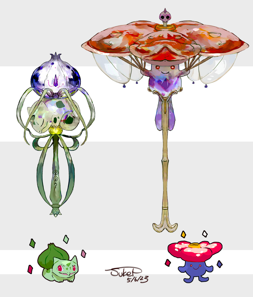 absurdres bright_pupils bulbasaur claws closed_eyes closed_mouth crystal dated grey_background highres no_humans objectification pokemon pokemon_(creature) red_eyes scepter signature skull_ornament smile sparkle sukepmonster unownglyphics vileplume white_pupils