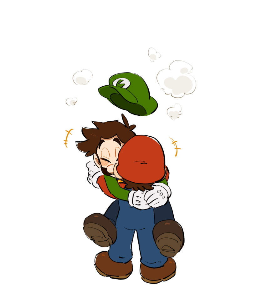 ! 2boys blue_eyes blue_overalls brothers brown_footwear brown_hair cabbie_hat closed_eyes elephant_luigi facial_hair glomp gloves green_headwear hat height_difference highres hug initial letter_print light_blush luigi mario mimimi_(mimimim9999) multiple_boys mustache mutual_hug outstretched_arms overalls red_headwear shoes siblings size_difference spoken_exclamation_mark super_mario_bros. super_mario_bros._wonder transformation white_gloves