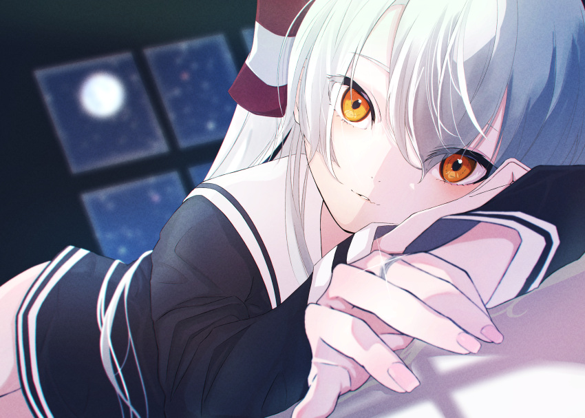1girl absurdres amatsukaze_(kancolle) black_dress blurry blurry_background blush dress fang full_moon hair_between_eyes hair_tubes highres indoors jewelry kahlumi kantai_collection long_hair long_sleeves looking_at_viewer lying moon night on_stomach orange_eyes ring sailor_collar sailor_dress skin_fang solo sparkle star_(sky) very_long_hair wedding_ring white_hair white_sailor_collar window