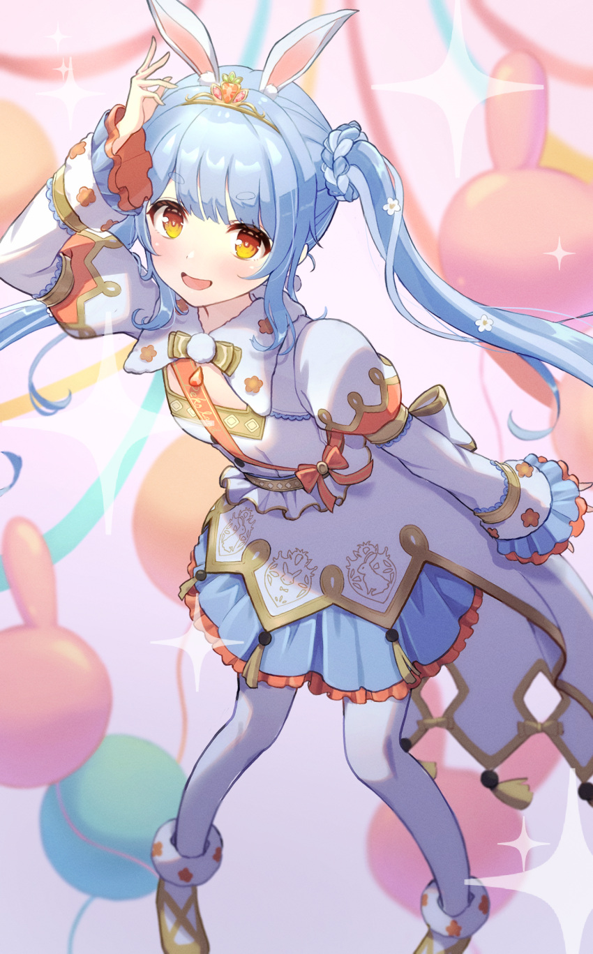 1girl :d animal_ear_fluff animal_ears arm_up balloon blue_hair blue_skirt braid commentary flower frilled_skirt frilled_sleeves frills hair_flower hair_ornament highres hololive juliet_sleeves leaning_forward long_sleeves looking_at_viewer mochigome_19 official_alternate_costume official_alternate_hair_length official_alternate_hairstyle open_mouth orange_eyes pantyhose puffy_sleeves rabbit-shaped_pupils rabbit_ears rabbit_girl skirt smile solo sparkle symbol-shaped_pupils tiara twintails usada_pekora usada_pekora_(pekoland_princess) virtual_youtuber waist_cape white_pantyhose wide_sleeves