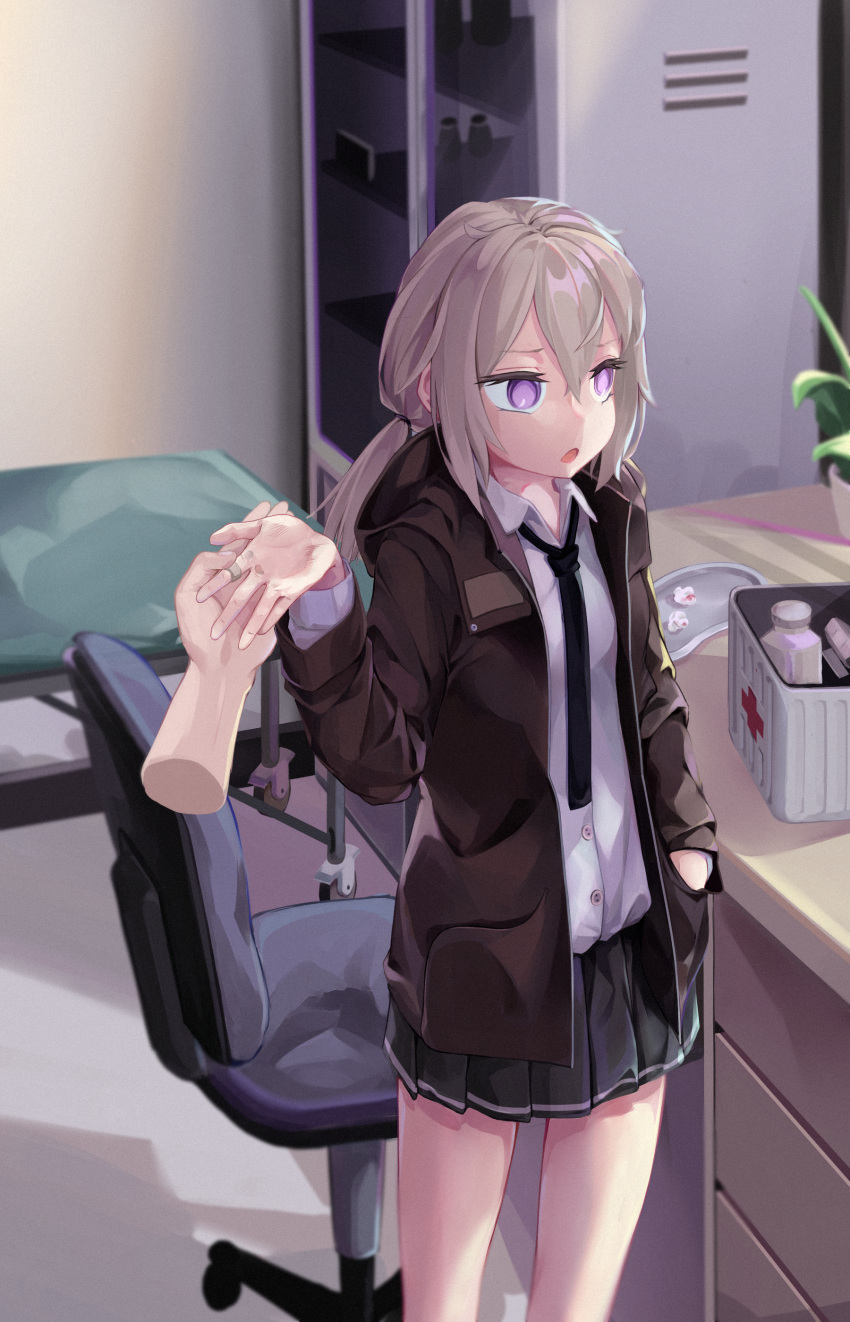 absurdres bandaid brown_jacket bruise buttons fingers first_aid_kit girls_frontline hand_in_pocket highres holding_hands injury jacket m200_(girls'_frontline) necktie shirt user_zzhx5244 white_shirt