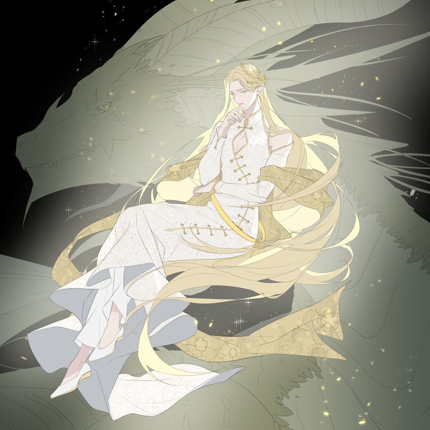 030lala 1boy absurdres blonde_hair dragon dragon_boy eruhaben floating highres long_hair long_sleeves lout_of_count's_family male_focus pointy_ears solo yellow_eyes