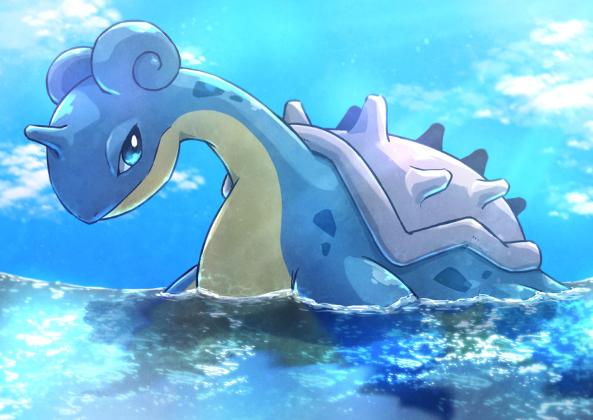 afloat blue_eyes blue_sky bright_pupils clouds day flippers from_side horns kotobukkii_(yt_lvlv) lapras looking_at_viewer no_humans pokemon pokemon_(creature) shell single_horn sky solo swimming water white_pupils