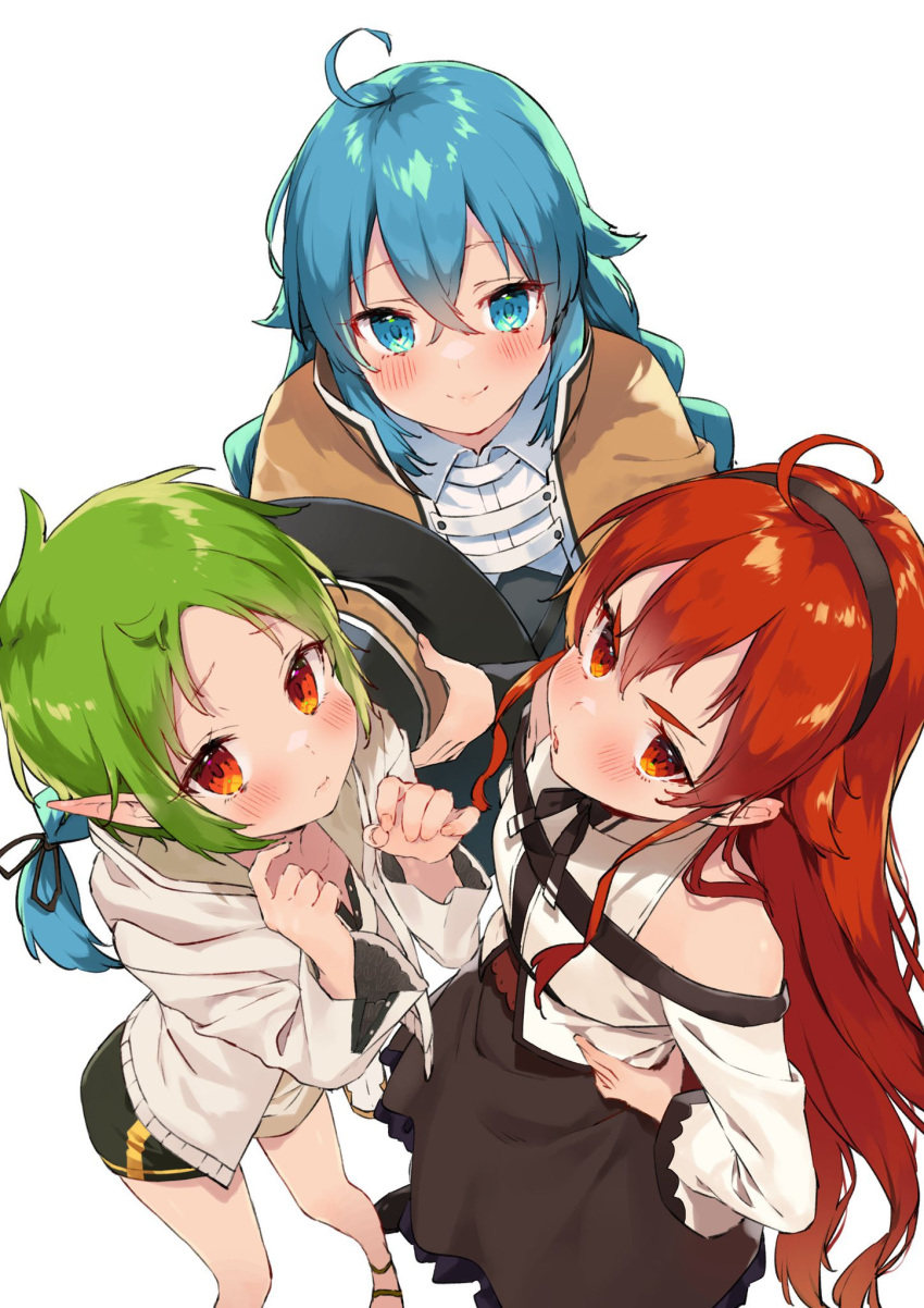 3girls ahoge bare_shoulders black_hairband blue_eyes blue_hair braid brown_capelet capelet crossed_bangs eris_greyrat from_above green_hair hair_between_eyes hairband hands_on_own_hips hat highres holding holding_clothes holding_hat jacket long_braid long_hair looking_at_viewer looking_up mokkori multiple_girls mushoku_tensei open_clothes open_jacket red_eyes redhead roxy_migurdia shirt short_hair smile standing sylphiette_(mushoku_tensei) twin_braids white_background white_jacket white_shirt witch_hat