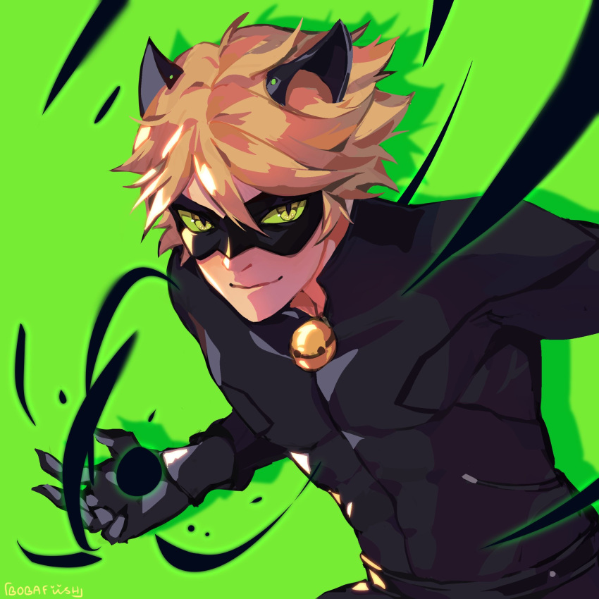 1boy abs adrien_agreste animal_ears bell black_bodysuit blonde_hair bobafiish bodysuit cat_ears chat_noir claws colored_sclera commentary_request domino_mask energy_ball green_background green_sclera highres jingle_bell male_focus mask miraculous_ladybug smile solo toned toned_male upper_body yellow_eyes