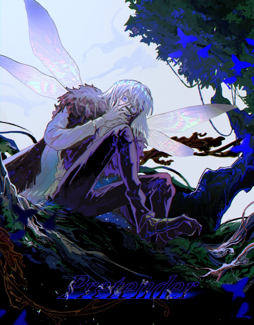 1boy arthropod_boy black_skin blue_butterfly blue_eyes bug butterfly cape collared_shirt colored_skin crown diamond_hairband dragon_claw dragonfly_wings endo_(takolegs) fate/grand_order fate_(series) fur-trimmed_cape fur_trim grey_hair hands_on_own_face highres insect_wings long_sleeves looking_at_viewer male_focus medium_hair multicolored_skin oberon_(fate) oberon_(third_ascension)_(fate) shirt sitting smile solo white_shirt wings