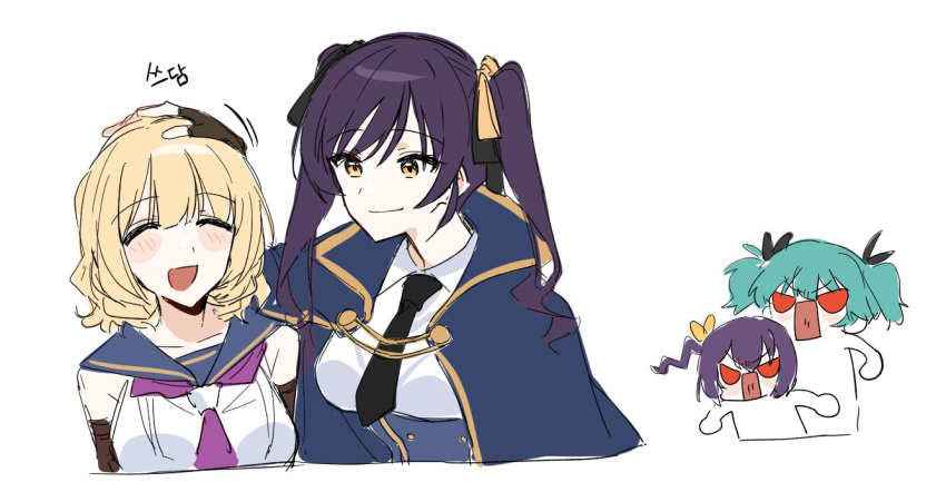 4girls :d ^_^ angry aqua_hair arm_up arms_at_sides assault_lily black_gloves black_necktie black_ribbon blonde_hair blue_cloak blue_sailor_collar blue_shirt blush breasts chibi chibi_inset cloak closed_eyes closed_mouth collared_shirt commentary_request cropped_torso danji_(danji_bang) detached_sleeves fingerless_gloves gloves hair_between_eyes hair_ribbon hand_on_another's_head headpat hishida_haru imamura_yukari_(assault_lily) jealous kawanabe_nazuna korean_commentary korean_text long_hair looking_at_another medium_breasts motion_lines multiple_girls neckerchief necktie odaiba_girls_high_school_uniform open_mouth purple_hair purple_neckerchief red_eyes ribbon sailor_collar school_uniform serafuku shirt short_hair side_ponytail simple_background sketch smile solid_eyes suzuki_chinami translation_request twintails two-tone_shirt upper_body v-shaped_eyebrows white_background white_shirt yellow_eyes yellow_ribbon