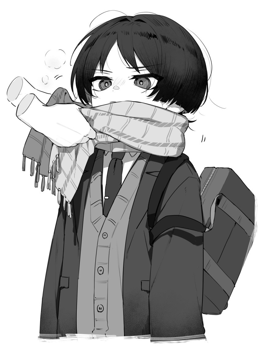 1boy adjusting_another's_clothes adjusting_scarf alternate_costume annoyed bag blunt_ends blush bob_cut buku2_suisou buttons closed_mouth collared_shirt commentary disembodied_limb frown genshin_impact greyscale highres jacket long_sleeves male_focus monochrome necktie open_clothes open_jacket parted_bangs plaid plaid_scarf scaramouche_(genshin_impact) scarf school_uniform shirt short_hair shoulder_bag simple_background solo symbol-only_commentary upper_body vest white_background white_shirt