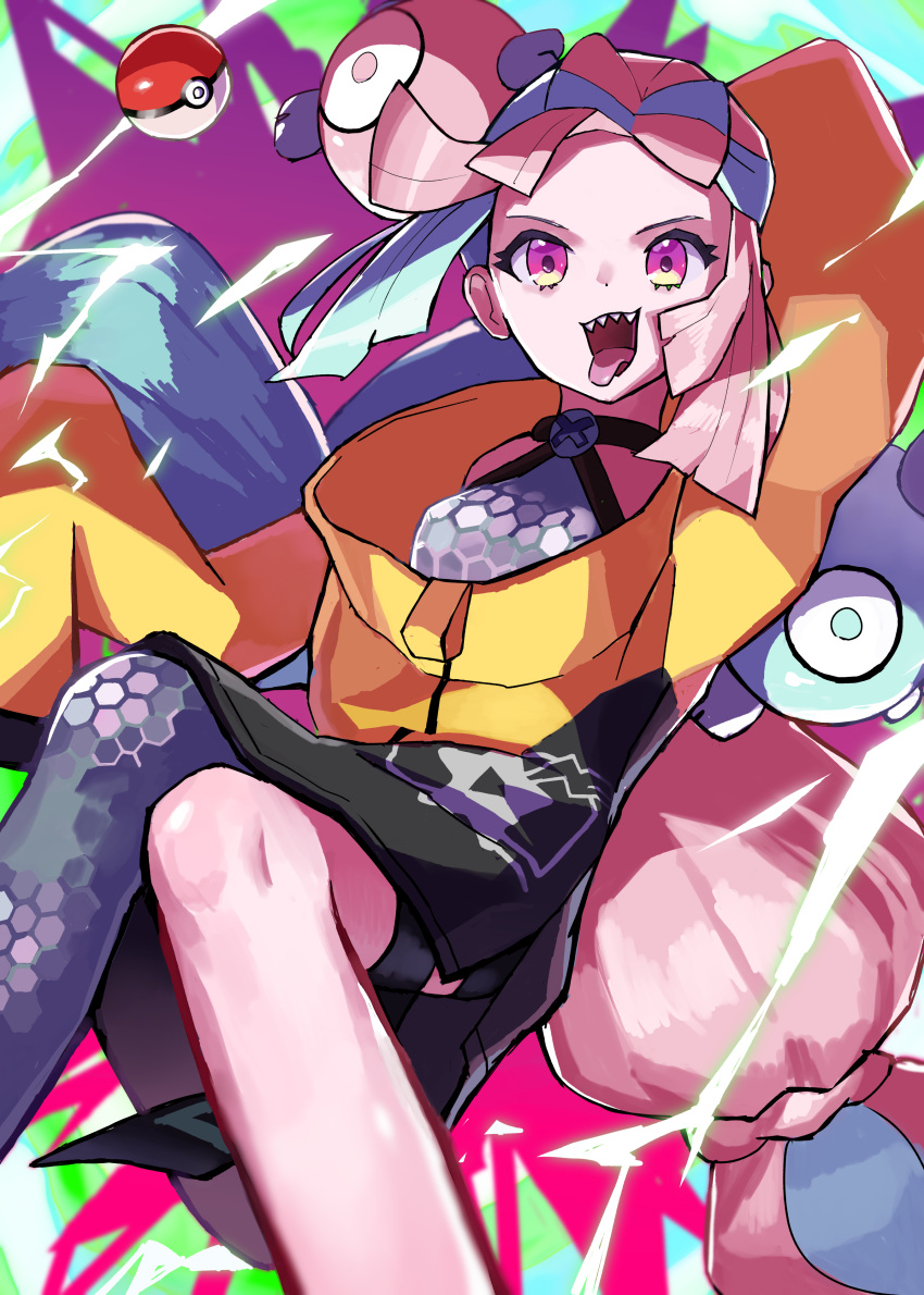 1girl absurdres blue_hair bow-shaped_hair character_hair_ornament electricity grey_pantyhose hair_ornament highres iono_(pokemon) jacket keina_(ke1na_h) long_hair long_sleeves open_mouth pantyhose pink_eyes pink_hair poke_ball pokemon pokemon_(game) pokemon_sv sharp_teeth single_leg_pantyhose sleeves_past_fingers sleeves_past_wrists solo teeth thigh_strap tongue tongue_out twintails upper_teeth_only very_long_hair yellow_jacket
