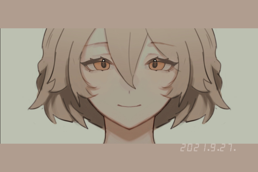 1girl brown_hair closed_mouth commentary dated grey_background hair_between_eyes half-closed_eyes highres letterboxed looking_at_viewer muted_color nurse_robot_type_t orange_eyes piru_jiumeng portrait seven-segment_display short_hair simple_background smile solo straight-on symbol-only_commentary utau