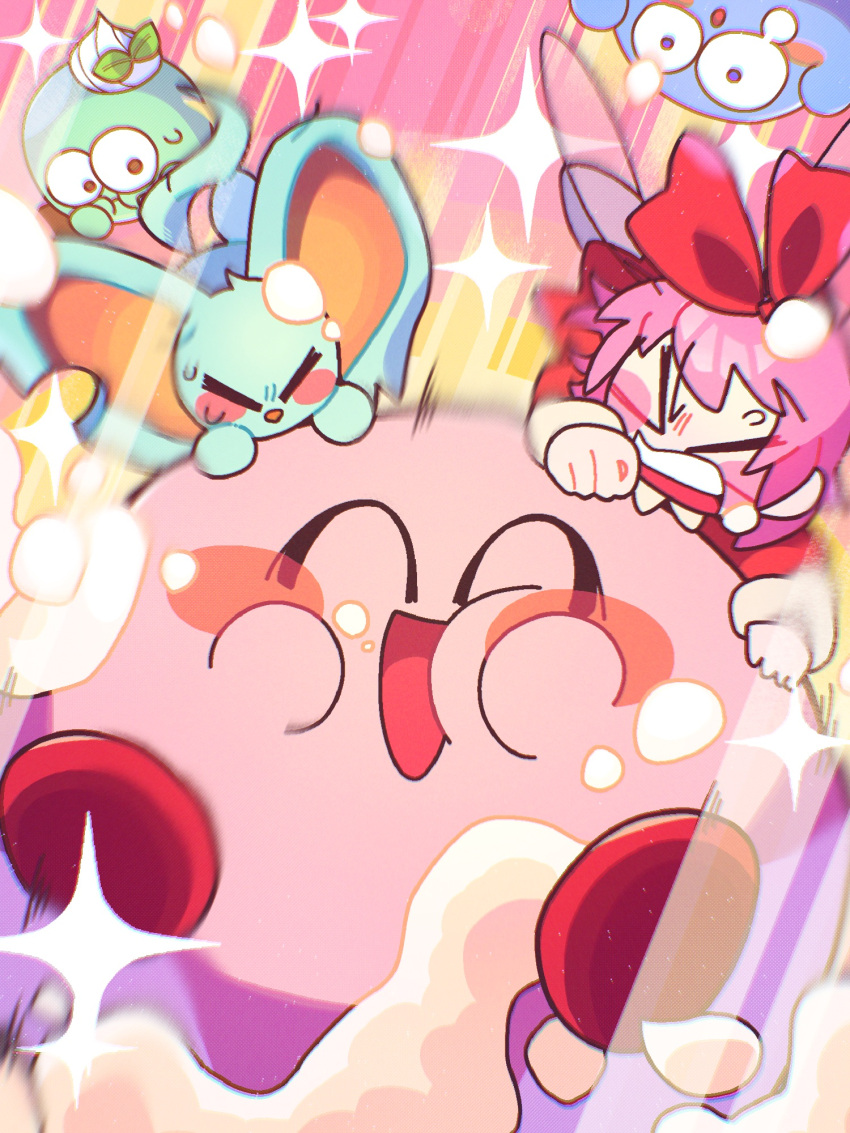 &gt;_&lt; 0tamt0 1girl animal_ears blush_stickers closed_eyes commentary_request elfilin fairy fairy_wings food food_on_face highres kirby kirby's_dream_buffet kirby_(series) mouse_ears notched_ear open_mouth pink_hair red_ribbon ribbon ribbon_(kirby) smile sparkle sweat whipped_cream wings