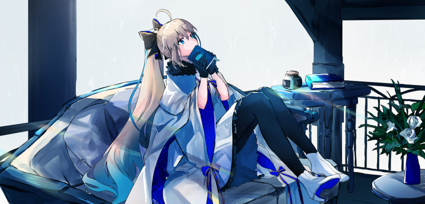 1girl absurdres ahoge ameshiki armor black_bow black_fur black_gloves blonde_hair blue_bow blue_eyes blue_ribbon book bottle bow breastplate breasts cape cloak couch dress fate/grand_order fate_(series) flower fur-trimmed_cloak fur_trim gloves hair_between_eyes hair_bow highres holding holding_book long_hair long_sleeves looking_up on_couch pantyhose ponytail ribbon rose sitting solo table tonelico_(fate) tonelico_(second_ascension)_(fate) vase white_background white_cape white_cloak wide_sleeves