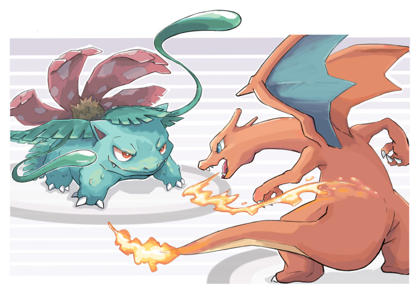 blue_eyes breathing_fire bright_pupils charizard claws closed_mouth dragon duel fangs fire flame-tipped_tail highres leaf momota_pix no_humans nostrils plant pokemon pokemon_(creature) red_eyes venusaur vines white_pupils