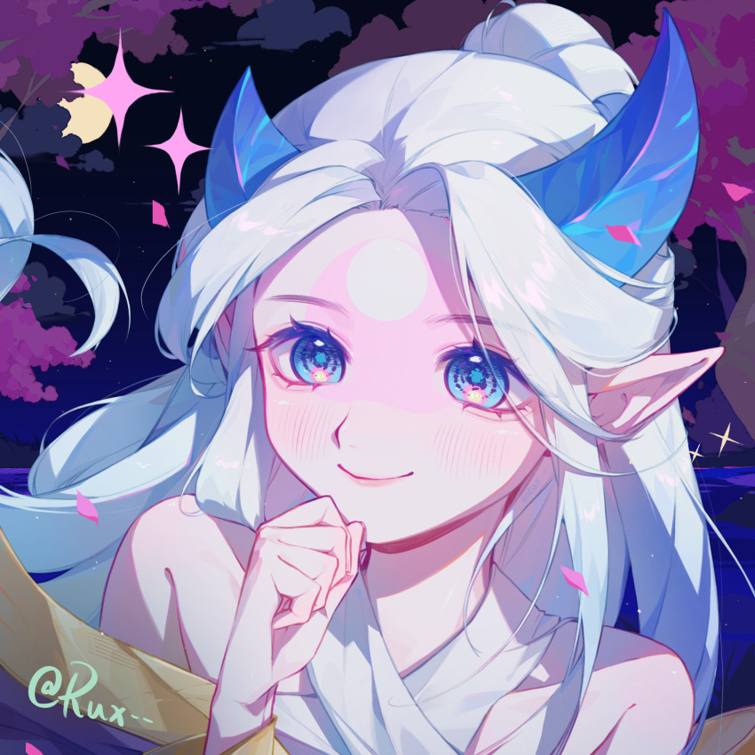 1girl absurdres alune_(league_of_legends) artist_name asymmetrical_horns bare_shoulders blush closed_mouth colored_skin full_moon green_eyes hair_bun hand_up highres horns league_of_legends moon night official_alternate_costume outdoors ruan_chen_yue single_hair_bun smile solo tree uneven_horns white_skin