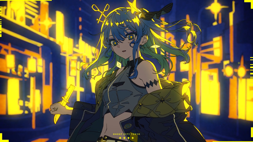 1girl belt blue_eyes blue_hair breast_pocket breasts crop_top crosswalk earrings hair_between_eyes highres hololive hoshimachi_suisei jacket jewelry knife_in_hand looking_at_viewer midriff non-web_source open_clothes open_jacket open_mouth pocket scissors small_breasts solo stab torino_kawazu virtual_youtuber white_belt yellow_background