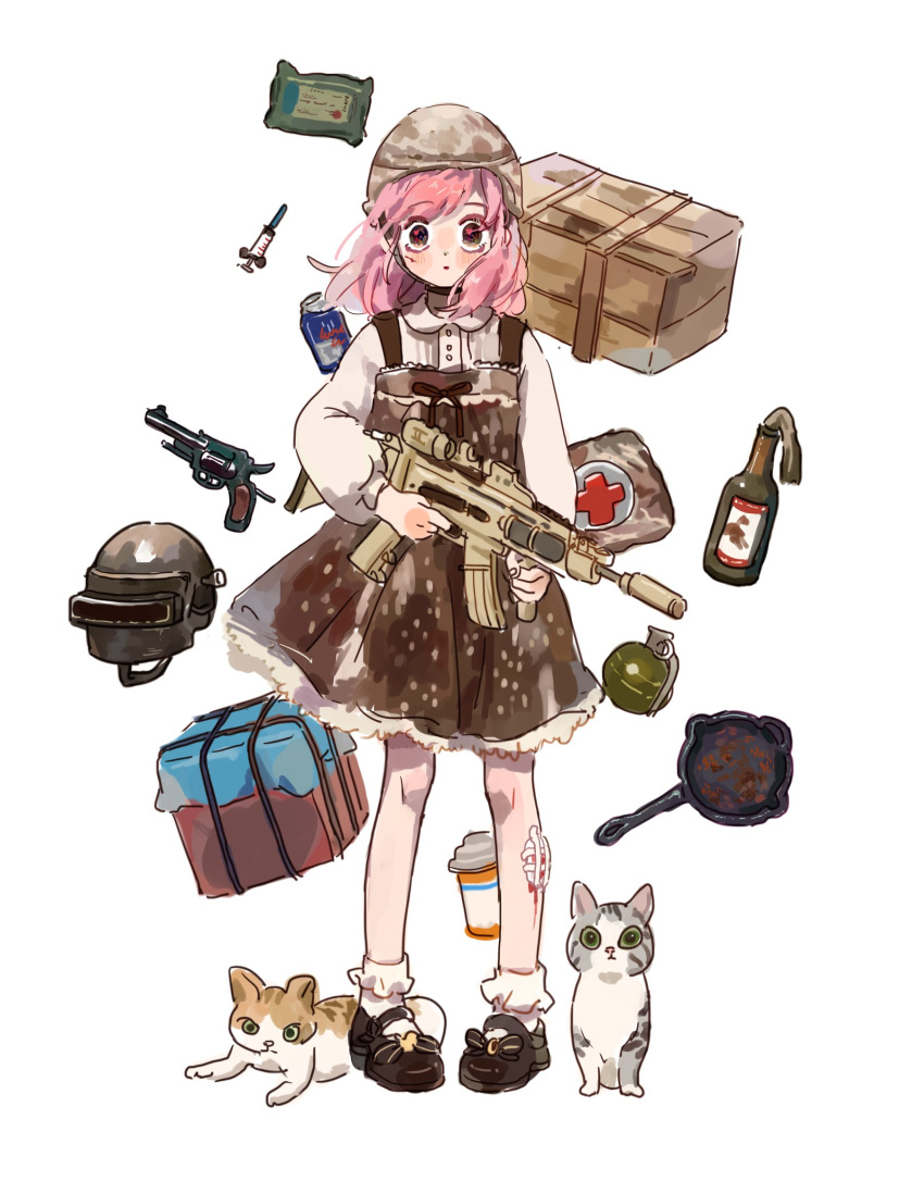 1girl :o bandaid bandaid_on_leg black_bow black_footwear black_headwear blood_drip bow bowtie brown_bow brown_bowtie brown_dress brown_eyes brown_headwear buttons camouflage camouflage_headwear cat character_request collared_shirt commentary crate cross dress english_commentary explosive first_aid_kit footwear_bow frilled_dress frilled_socks frills frying_pan full_body grenade gun handgun heart heart_in_eye helm helmet highres holding holding_gun holding_weapon injury long_sleeves mary_janes medium_hair molotov_cocktail open_mouth pink_hair playerunknown's_battlegrounds polka_dot polka_dot_dress puffy_long_sleeves puffy_sleeves putong_xiao_gou red_cross rust shirt shoes short_dress sleeveless sleeveless_dress socks solo strap striped striped_bow symbol_in_eye syringe weapon weapon_request white_background white_shirt white_socks