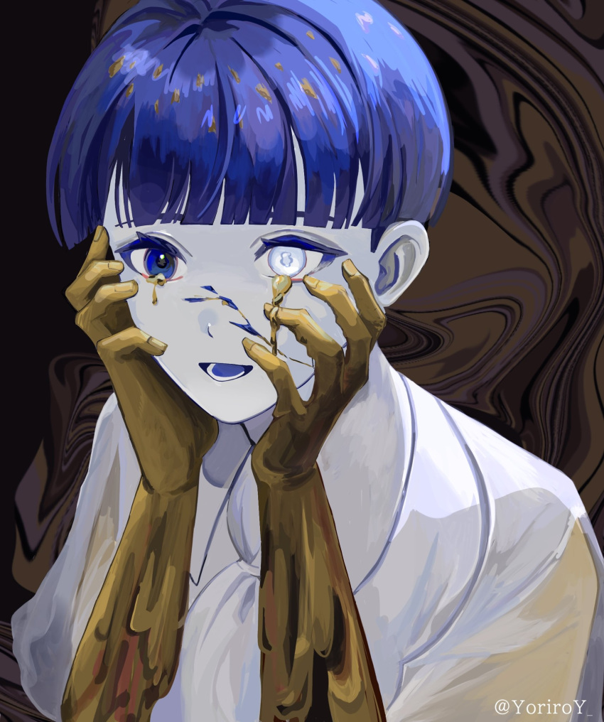 1other androgynous artist_name blue_eyes blue_hair blunt_bangs colored_eyelashes colored_skin cracked_skin crying crying_with_eyes_open crystal_hair hands_on_own_face heterochromia highres houseki_no_kuni looking_ahead melting moon_uniform_(houseki_no_kuni) open_mouth phosphophyllite phosphophyllite_(ll) portrait shirt short_hair solo tears twitter_username white_eyes white_shirt yori_(user_yvfv5333)