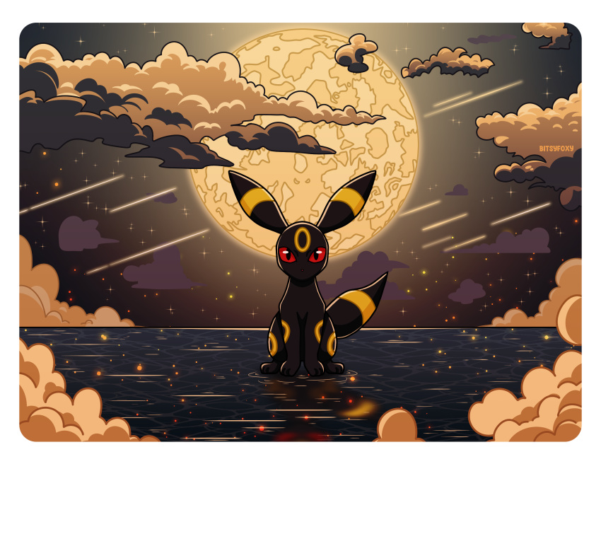 absurdres animal_focus bitsyfoxy clouds commentary falling_star full_moon highres looking_at_viewer moon night no_humans pokemon polaroid red_eyes red_nose ripples sitting sitting_on_water solo star_(sky) straight-on umbreon water