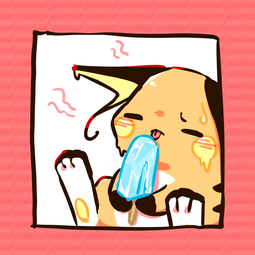 closed_eyes food highres holding holding_food holding_popsicle hot melting no_humans pokemon pokemon_(creature) pokemon_focus popsicle raichu solo sweat sweatdrop takap_oekaki tongue tongue_out
