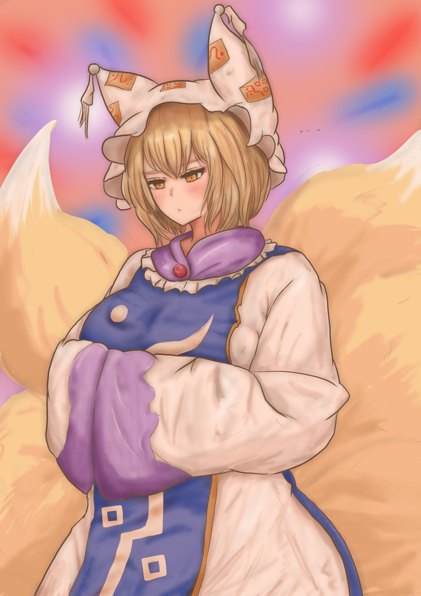 1girl :/ absurdres animal_ears arms_under_breasts blonde_hair blue_background blue_tabard blush breasts commentary_request cowboy_shot dress expressionless fox_ears fox_tail frills gold_trim half-closed_eyes hands_in_opposite_sleeves hat highres large_breasts long_sleeves looking_down mob_cap multiple_tails ofuda red_background short_hair simple_background solo tabard tail tassel touhou white_dress wide_sleeves yakumo_ran zapi_(rkuv5352)