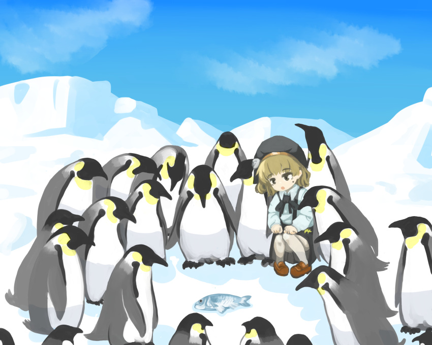 1girl :o antarctica beret bird black_eyes black_headwear black_ribbon black_skirt blue_sky brown_footwear brown_hair clouds commentary_request dead_animal emperor_penguin fish flower hands_on_own_knees hat hat_flower hat_ribbon hatoba_tsugu highres ice jitome loafers looking_at_animal medium_hair mole mole_under_eye neck_ribbon open_mouth outdoors pantyhose penguin pigeon-toed raised_eyebrows ribbon shirt shoes single_hair_ring skirt sky snow solo squatting surrounded suspender_skirt suspenders testest tsugu_(vtuber) virtual_youtuber white_flower white_pantyhose white_shirt wide_shot