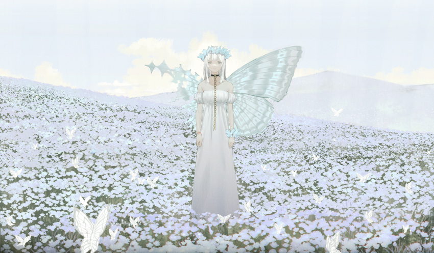 1girl :&gt; absurdres animal aqua_eyes blue_flower blue_sky blue_theme blue_wings bracelet broken broken_chain bug butterfly butterfly_on_arm butterfly_on_head butterfly_wings chain choker closed_mouth clouds commentary_request day detached_sleeves dress field flower flower_field gold_chain hair_ornament head_wreath highres insect_wings jewelry kento_matsuura landscape looking_at_viewer medium_bangs medium_hair mountain original sad_smile scar sky solo standing straight-on torn_wings white_dress white_hair wings