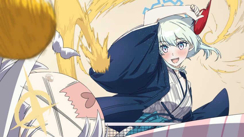 &gt;_&lt; 2girls animal_ears ball blue_archive blue_coat blush brilliantko cherino_(blue_archive) cherino_(hot_spring)_(blue_archive) coat collarbone commentary_request d: dx fake_facial_hair fake_mustache green_hair grey_kimono halo highres japanese_clothes kimono multiple_girls official_alternate_costume open_mouth paddle shigure_(blue_archive) shigure_(hot_spring)_(blue_archive) smile standing table_tennis table_tennis_ball table_tennis_net table_tennis_paddle tearing_up upper_body weasel_ears white_hair yagasuri