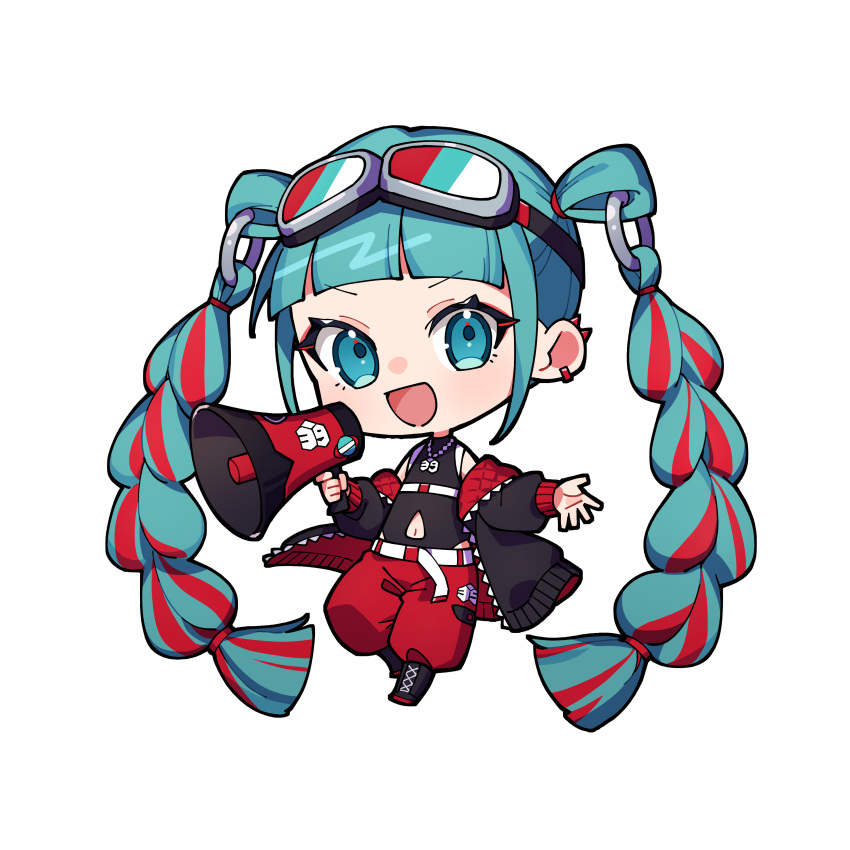 1girl 39 absurdres aqua_eyes aqua_hair baggy_pants belt black_bodysuit black_footwear black_jacket black_outline blunt_bangs blunt_ends bodysuit boots chest_belt chibi clothing_cutout cross-laced_footwear detached_hair ear_piercing full_body goggles goggles_on_head hatsune_miku highres hip_vent holding holding_megaphone jacket jacket_partially_removed jewelry lace-up_boots looking_at_viewer magical_mirai_(vocaloid) magical_mirai_miku magical_mirai_miku_(2023) megaphone multicolored_hair navel navel_cutout necklace no_nose odd_(miyoru) open_clothes open_mouth outline padded_jacket pants piercing red_jacket red_pants redhead ring_hair_ornament sidelocks simple_background solo streaked_hair tsurime two-sided_fabric two-sided_jacket two-tone_hair v-shaped_eyebrows vocaloid white_background white_belt zipper