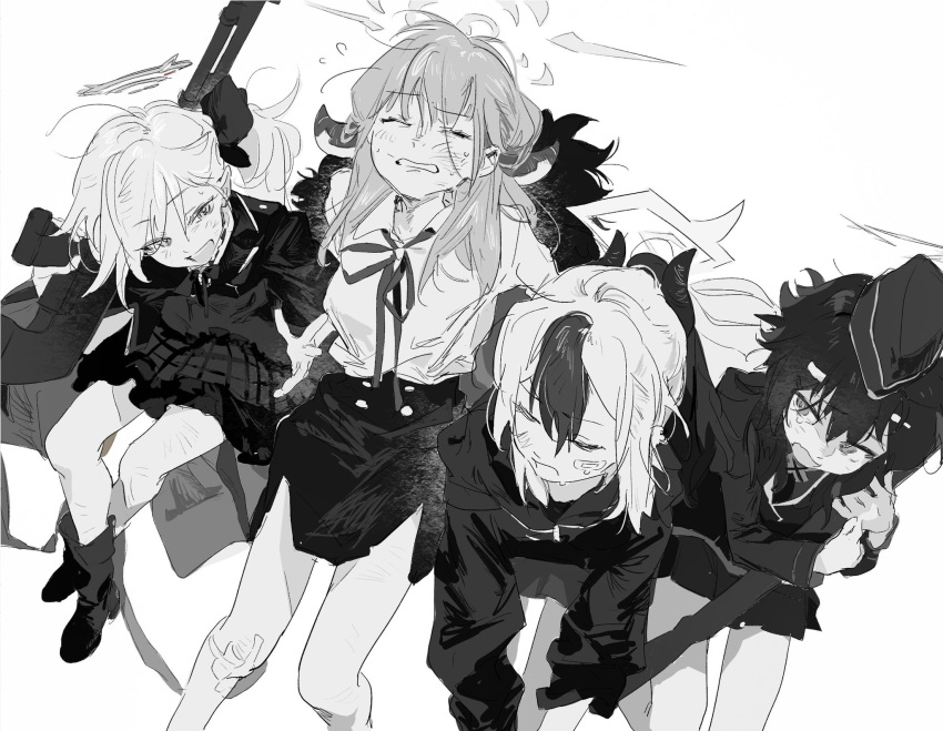 4girls aru_(blue_archive) blue_archive closed_eyes flying_sweatdrops garrison_cap greyscale gun halo haruka_(blue_archive) hat highres holding holding_gun holding_weapon hood hoodie horns jacket kayoko_(blue_archive) long_hair long_sleeves monochrome multicolored_hair multiple_girls mutsuki_(blue_archive) neck_ribbon open_mouth pencil_skirt ponytail problem_solver_68_(blue_archive) ribbon side_ponytail simple_background sitting sketch skirt weapon yu1619khz