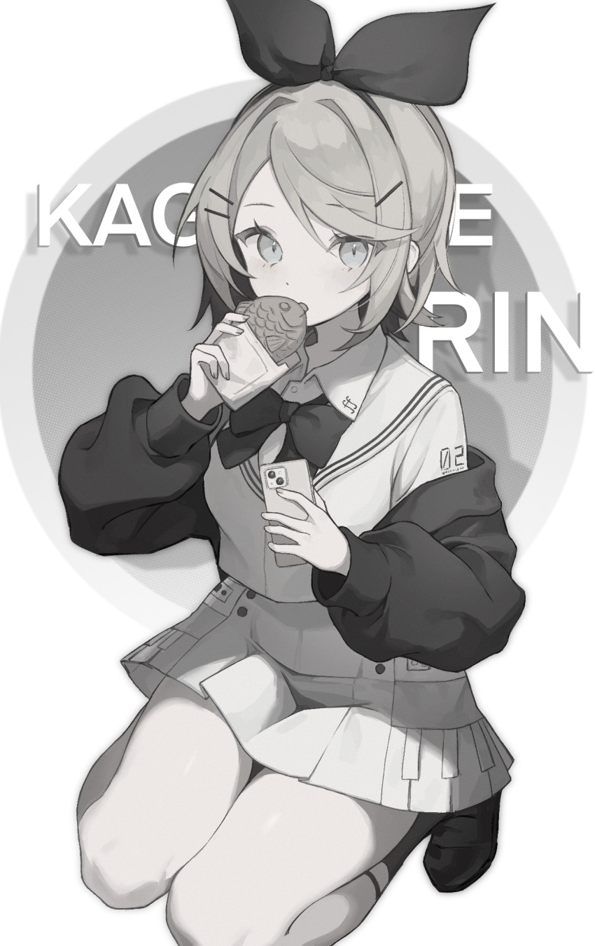 1girl bow bowtie character_name eating food hair_bow highres holding holding_food holding_phone jacket kagamine_rin kneeling monochrome multiple_hairpins off_shoulder open_clothes open_jacket phone rcs_4 school_uniform short_hair skirt solo swept_bangs thighs vocaloid white_background