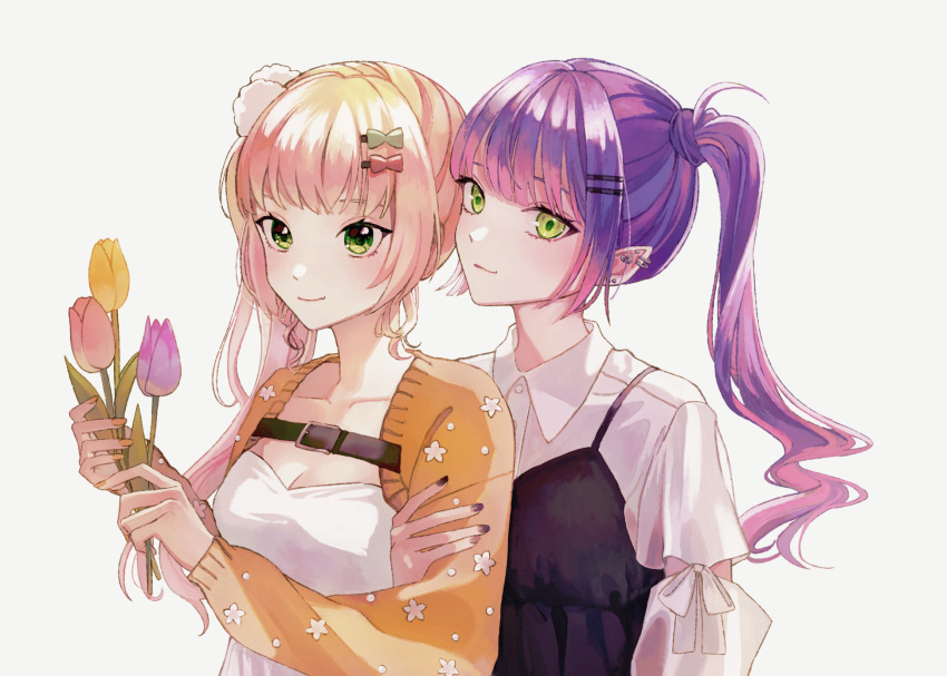 2girls alternate_costume alternate_hairstyle blonde_hair closed_mouth earrings fang flower fyuu-ka green_eyes highres holding holding_another's_arm holding_flower hololive jewelry long_hair looking_at_viewer momosuzu_nene multiple_earrings multiple_girls nail_polish pink_flower pink_tulip pointy_ears purple_hair purple_nails purple_tulip shirt side_ponytail skin_fang tokoyami_towa tulip upper_body virtual_youtuber white_background white_shirt yellow_flower yellow_tulip