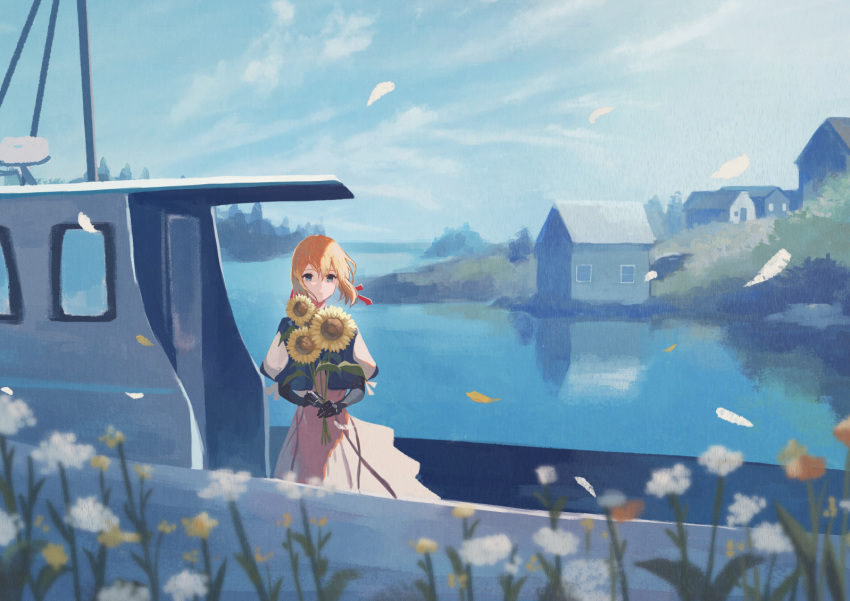 1girl blonde_hair blue_eyes blue_sky building clouds commission day dress flower hair_ribbon harucoro25 holding holding_flower house lake looking_at_viewer outdoors pixiv_commission red_ribbon reflection reflective_water ribbon sky solo sunflower violet_evergarden violet_evergarden_(series) water white_dress