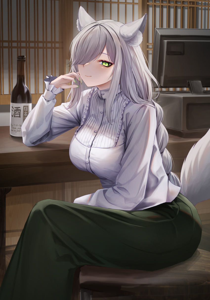 1girl absurdres animal_ear_fluff animal_ears bottle braid braided_ponytail breasts closed_mouth commentary_request commission green_eyes green_skirt grey_hair hair_over_one_eye hand_up highres indoors large_breasts long_hair long_skirt long_sleeves looking_at_viewer one_eye_covered original pixiv_commission shirt sitting skirt smile solo tail takagi_(takag1_k2) white_shirt wine_bottle