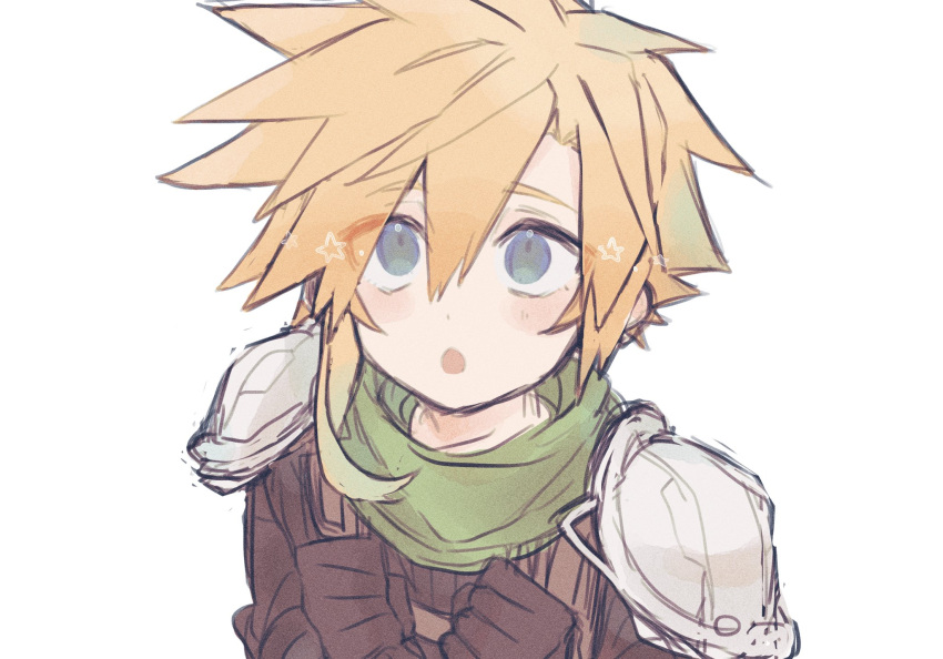 1boy :o armor black_gloves black_shirt blonde_hair blue_eyes clenched_hand clenched_hands cloud_strife crisis_core_final_fantasy_vii final_fantasy final_fantasy_vii gloves green_scarf highres looking_up male_focus military military_uniform open_mouth pauldrons same_no_nituke3 scarf shinra_infantry_uniform shirt short_hair shoulder_armor simple_background solo spiky_hair suspenders uniform white_background