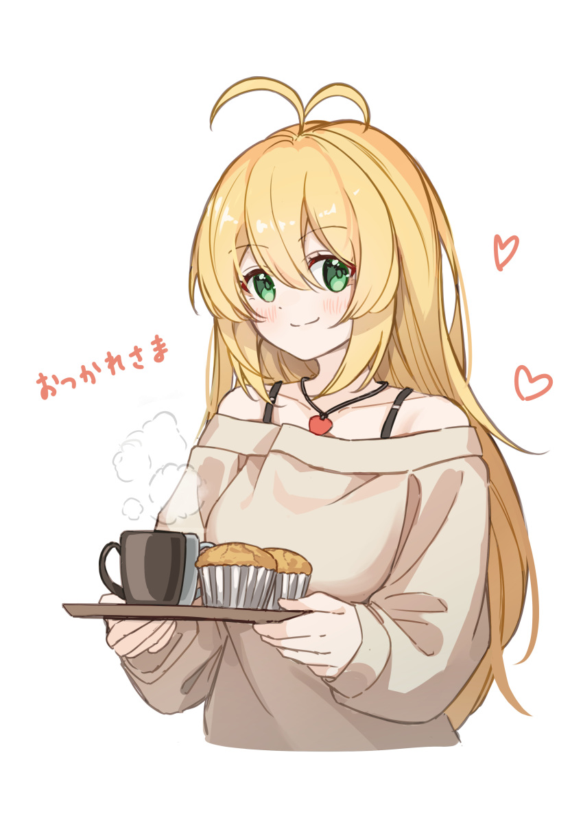 1girl absurdres alternate_costume antenna_hair blonde_hair blush brown_sweater closed_mouth coffee coffee_mug collarbone commentary_request cropped_torso cup food green_eyes heart highres holding holding_tray hymgkamui jewelry long_sleeves looking_at_viewer muffin mug off-shoulder_sweater off_shoulder pendant plectrum smile solo spaghetti_strap steam sweater translation_request tray tsurumaki_maki voiceroid