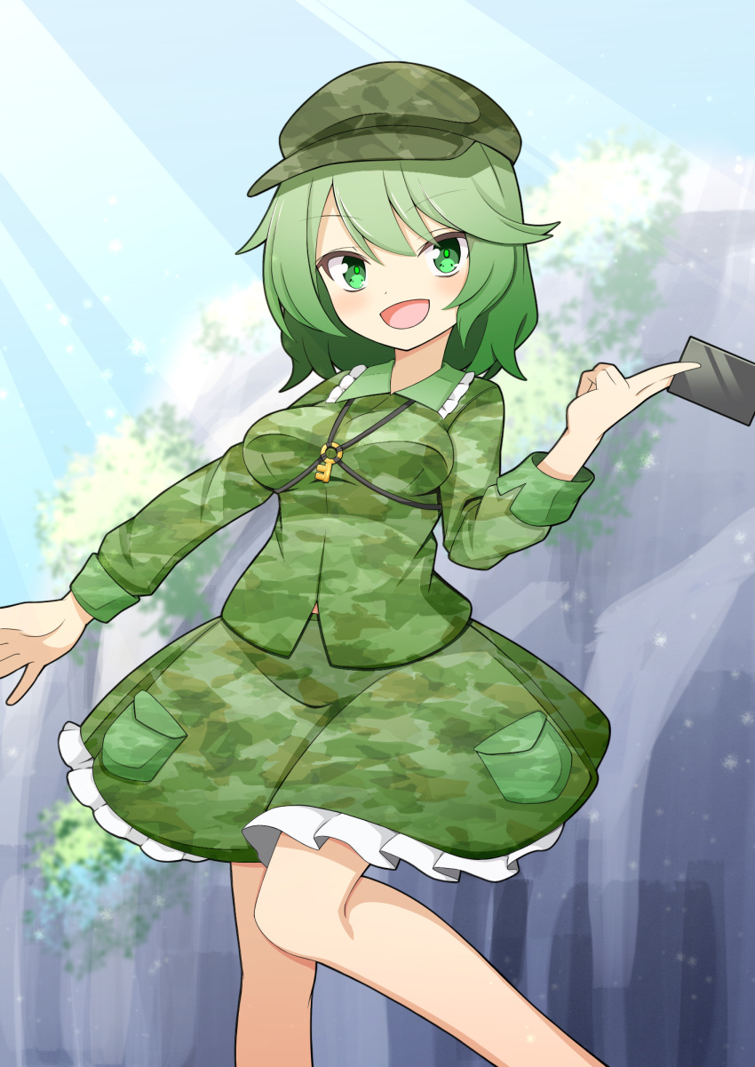 1girl :d blue_sky breasts commentary_request feet_out_of_frame frilled_skirt frills green_eyes green_hair green_shirt green_skirt hekkmushi highres key large_breasts light_rays long_sleeves looking_at_viewer open_mouth outdoors pocket shirt short_hair skirt sky smile solo touhou yamashiro_takane