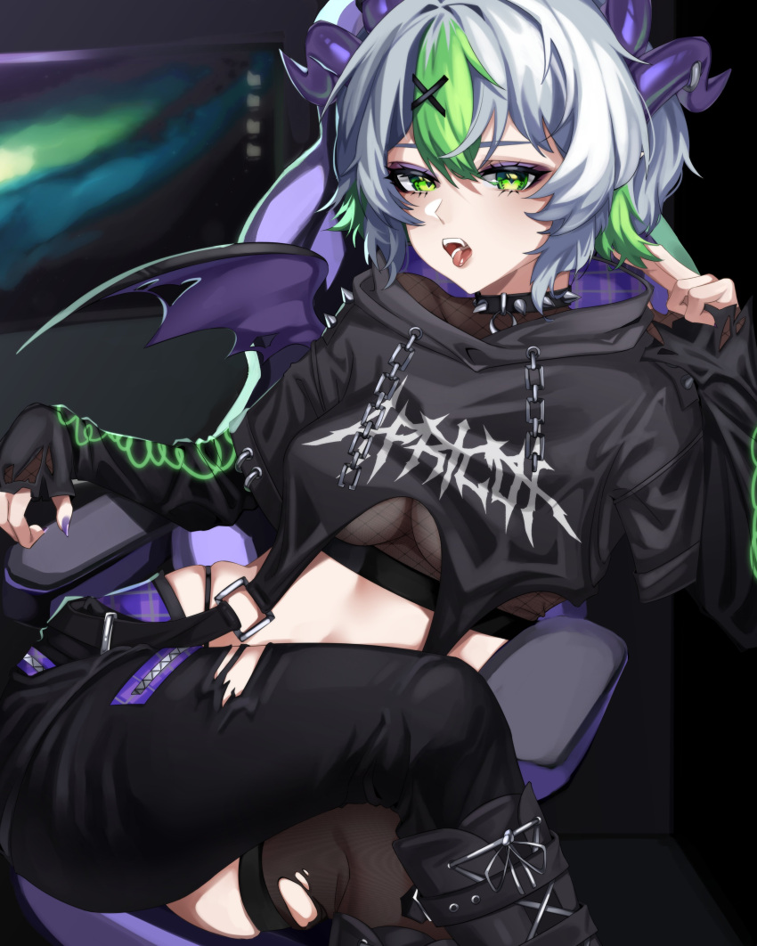 1girl absurdres artist_request belt black_collar black_footwear black_hoodie black_pants breasts bsapricot_(vtuber) bsapricot_(vtuber)_(8th_costume) chain chair collar cropped_hoodie demon_horns demon_wings fingernails fishnet_top fishnets gaming_chair green_eyes green_hair grey_hair hair_intakes hair_ornament hand_in_own_hair highres hood hoodie horns legs_folded long_fingernails long_sleeves looking_at_viewer monitor multicolored_hair multiple_horns open_mouth pants purple_nails purple_wings short_hair single_thighhigh sitting solo spiked_collar spikes streaked_hair swivel_chair teeth thigh-highs tongue tongue_out torn_clothes torn_pants torn_sleeves under_boob virtual_youtuber vshojo wings x_hair_ornament